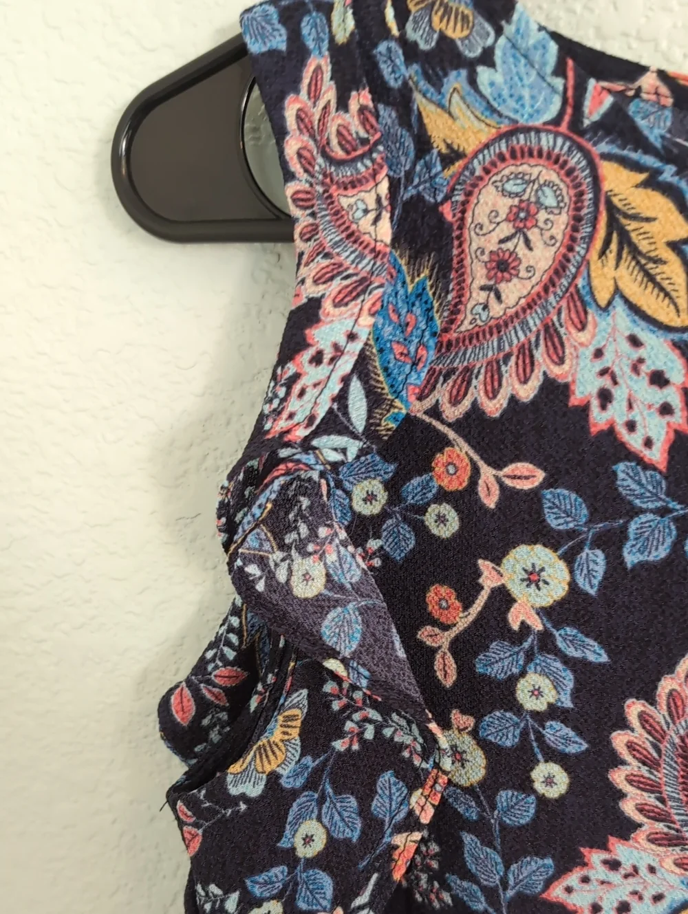 Label Floral Paisley Navy Sleeveless Ruffle Top